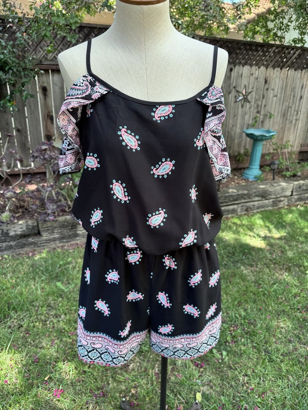 Charming Charlie Paisley Ruffle Off Shoulder Romper M Black Pink Teal White